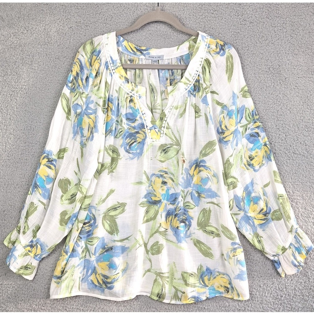 Floral & Ivy Blouse Womens Large White Blue Floral Lace Trim Peasant Boho Top